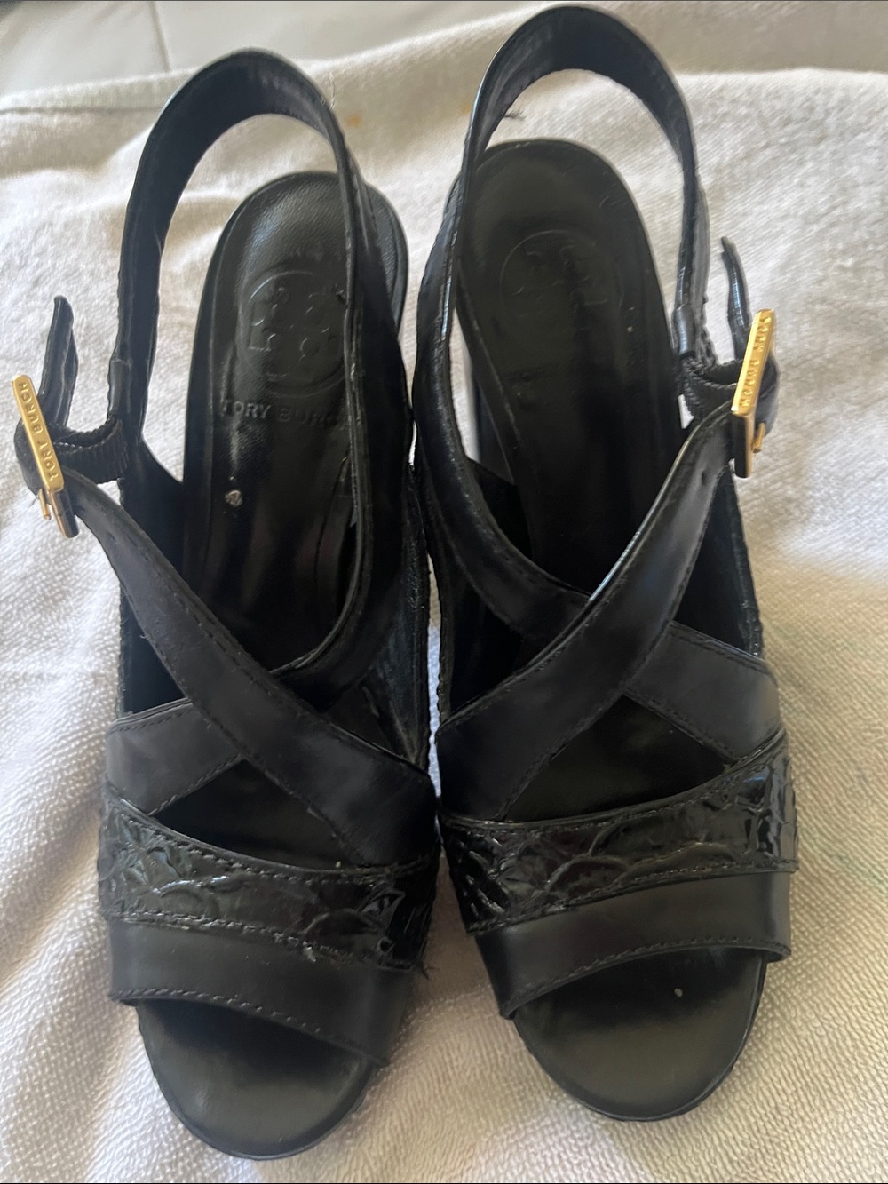 Tory Burch Black Leather Crisscross Slingback Heels with Gold Buckles